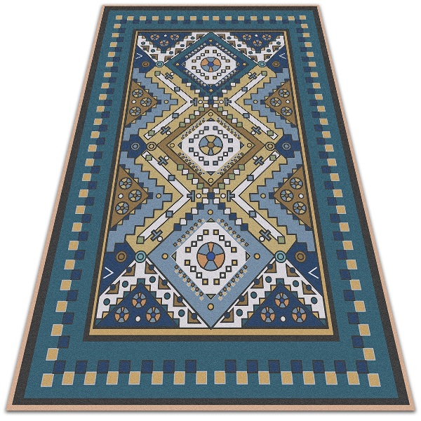 Vinyl Area Rug With Moroccan Tiles Design in Blue and Beige. 