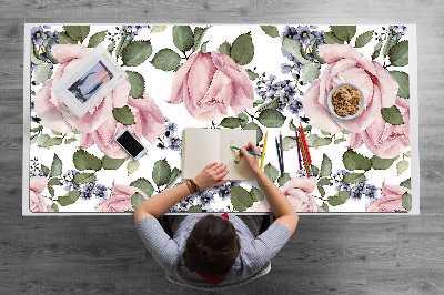 Large desk mat table protector Watercolor roses