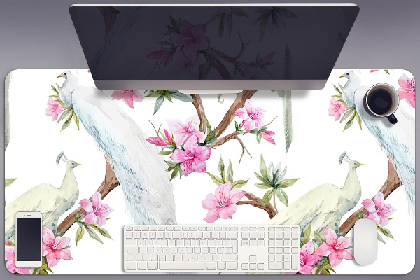 Large desk mat for children white peacocks