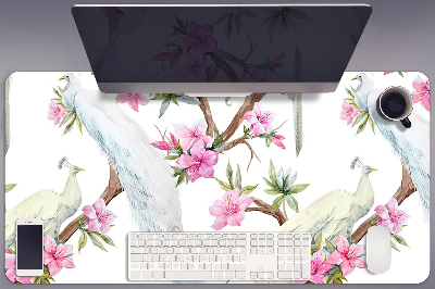 Large desk mat for children white peacocks