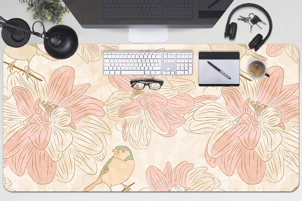 Large desk pad PVC protector beige birds