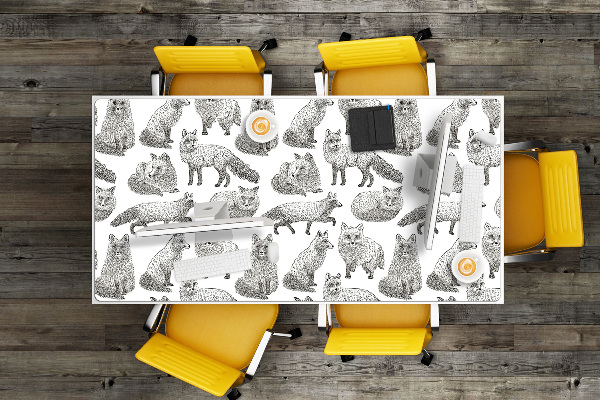 Large desk mat table protector drawn foxes