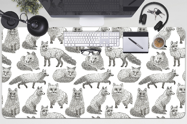 Large desk mat table protector drawn foxes