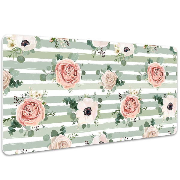 Large desk mat table protector striped roses