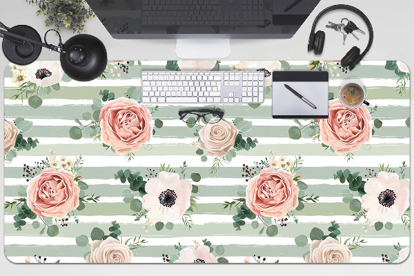 Large desk mat table protector striped roses