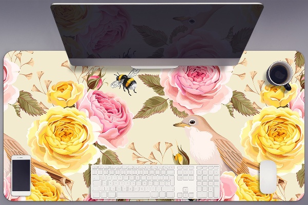 Large desk pad PVC protector Birds and Roses