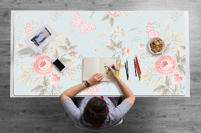 Large desk mat table protector Roses and butterflies