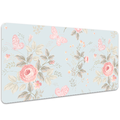 Large desk mat table protector Roses and butterflies