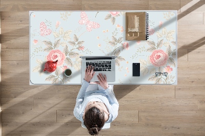 Large desk mat table protector Roses and butterflies