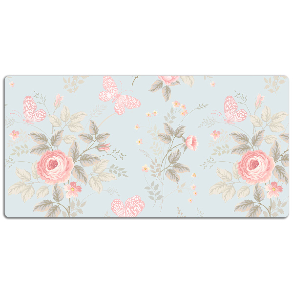 Large desk mat table protector Roses and butterflies