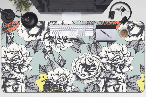 Large desk pad PVC protector Roses and birds