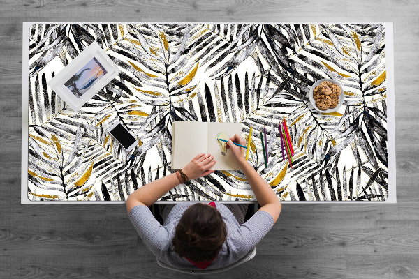 Large desk mat table protector black leaves