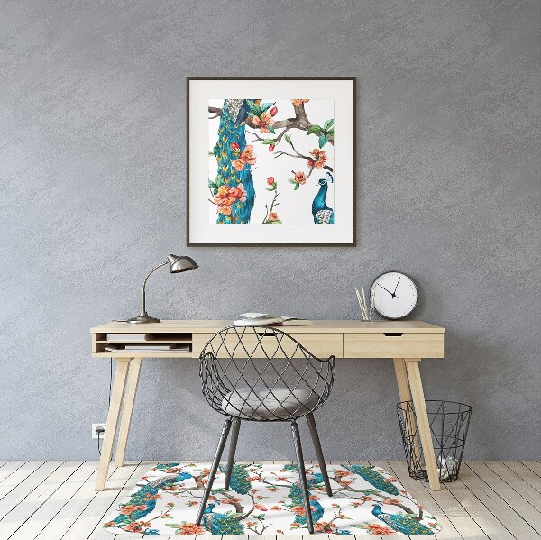 Office chair floor protector Peacocks and flowers