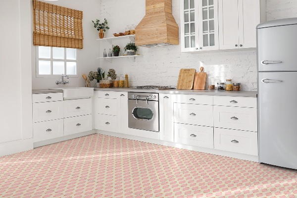 Vinyl tiles on wall floor Pink vintage pattern